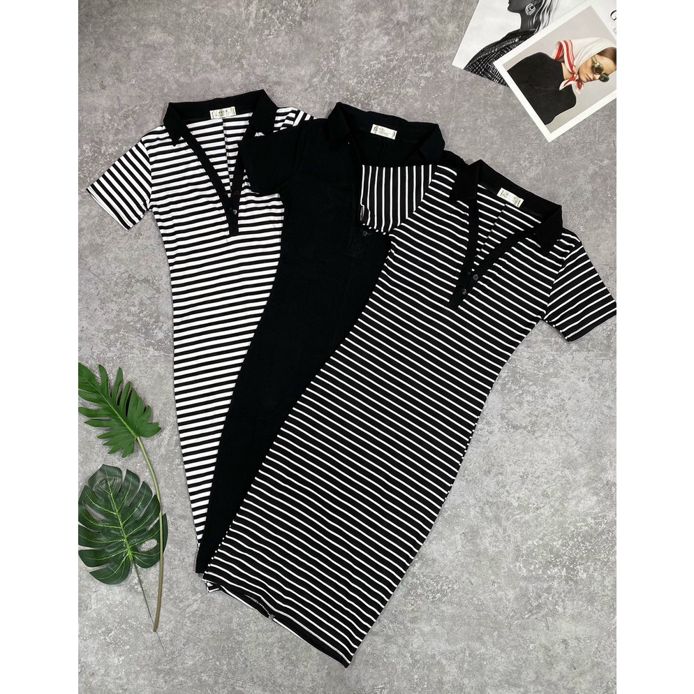 Váy body kẻ cổ bẻ siêu tôn dáng