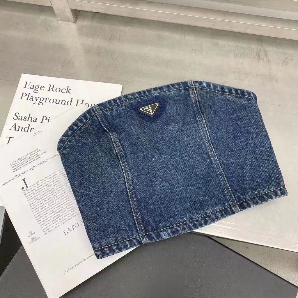 jiashucheng Áo Ống Vải Denim Dáng Ngắn Trễ Vai Hình Tam Giác Tiêu Chuẩn Quyến Rũ Dễ Phối Đồ Thời Trang Mới