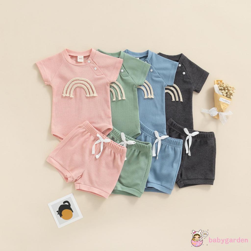 Bộ Áo Liền Quần Tay Ngắn Cổ Tròn In Họa Tiết Cầu Vồng + Quần Short Màu Sắc Ngọt Ngào Thời Trang Cho Bé 0-18 Tháng Tuổi