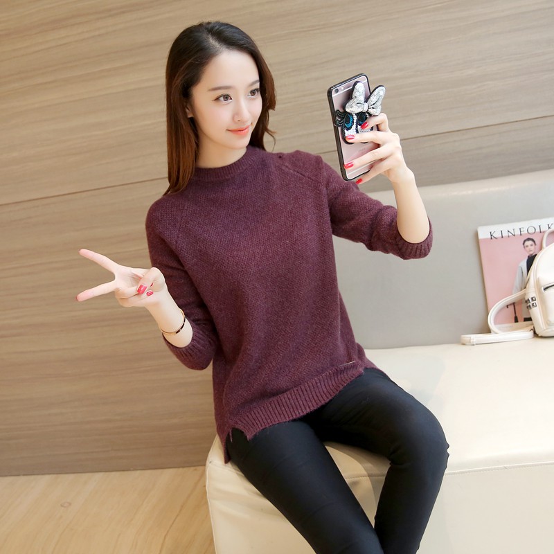 Áo len nữ dài tay cổ tròn ôm xát, thiết kế xẻ tà bên hông