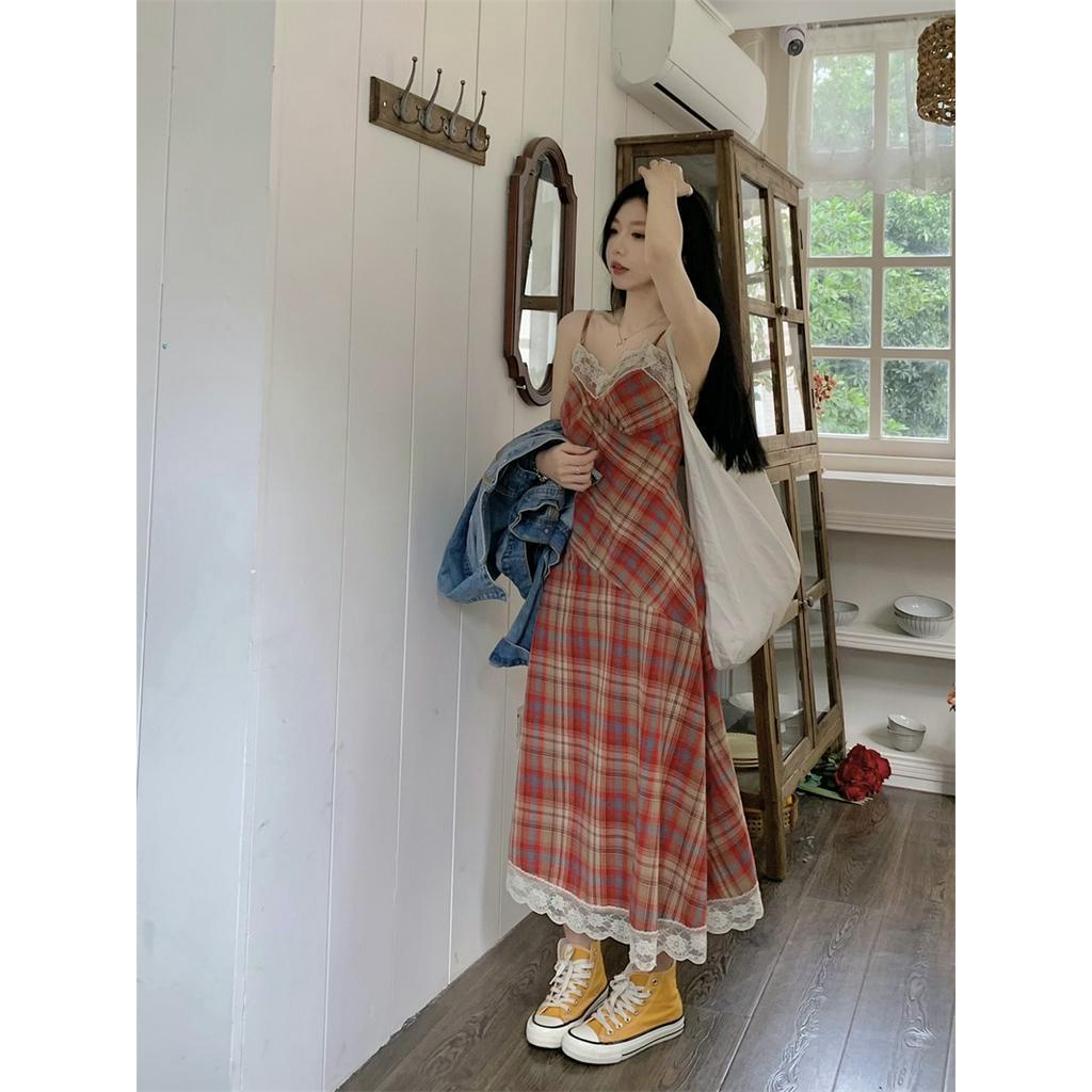 Đầm Hai Dây Phối Ren Họa Tiết Sọc Caro Thời Trang Mùa Hè Hàng Mới Dành Cho Bạn Nữ