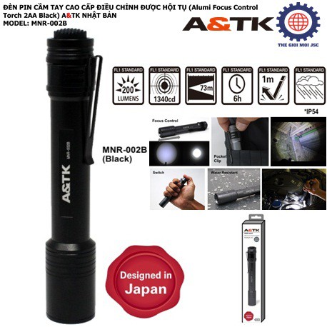 Đèn pin cầm tay cao cấp điều chỉnh được hội tụ (ALUMI FOCUS CONTROL TORCH 2AA BLACK) A&TK NHẬT BẢN – MNR-002B