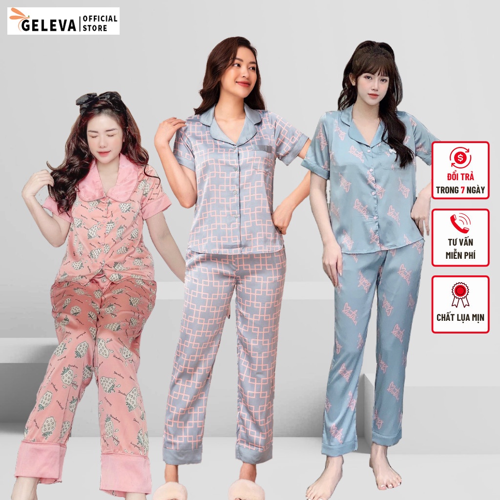 Đồ bộ pijama nữ Lụa mịn Cao cấp quần dài áo cộc tay, Đồ bộ mặc ở nhà ngủ pyjama nữ lụa đẹp dễ thương Geleva GE452
