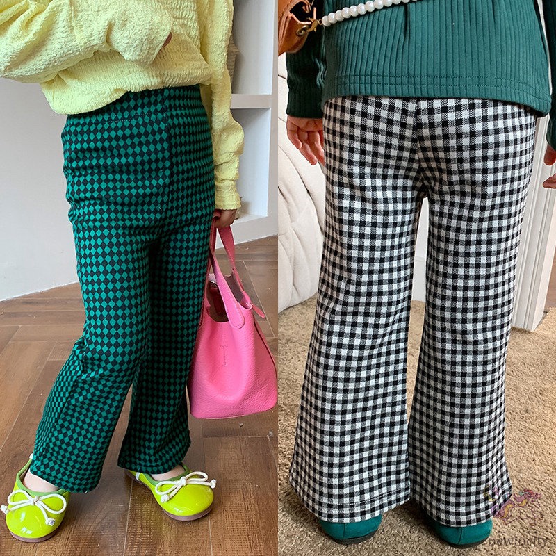 Quần Dài Ống Loe Họa Tiết Sọc Caro Phong Cách Retro Hàn Quốc Cho Bé Gái