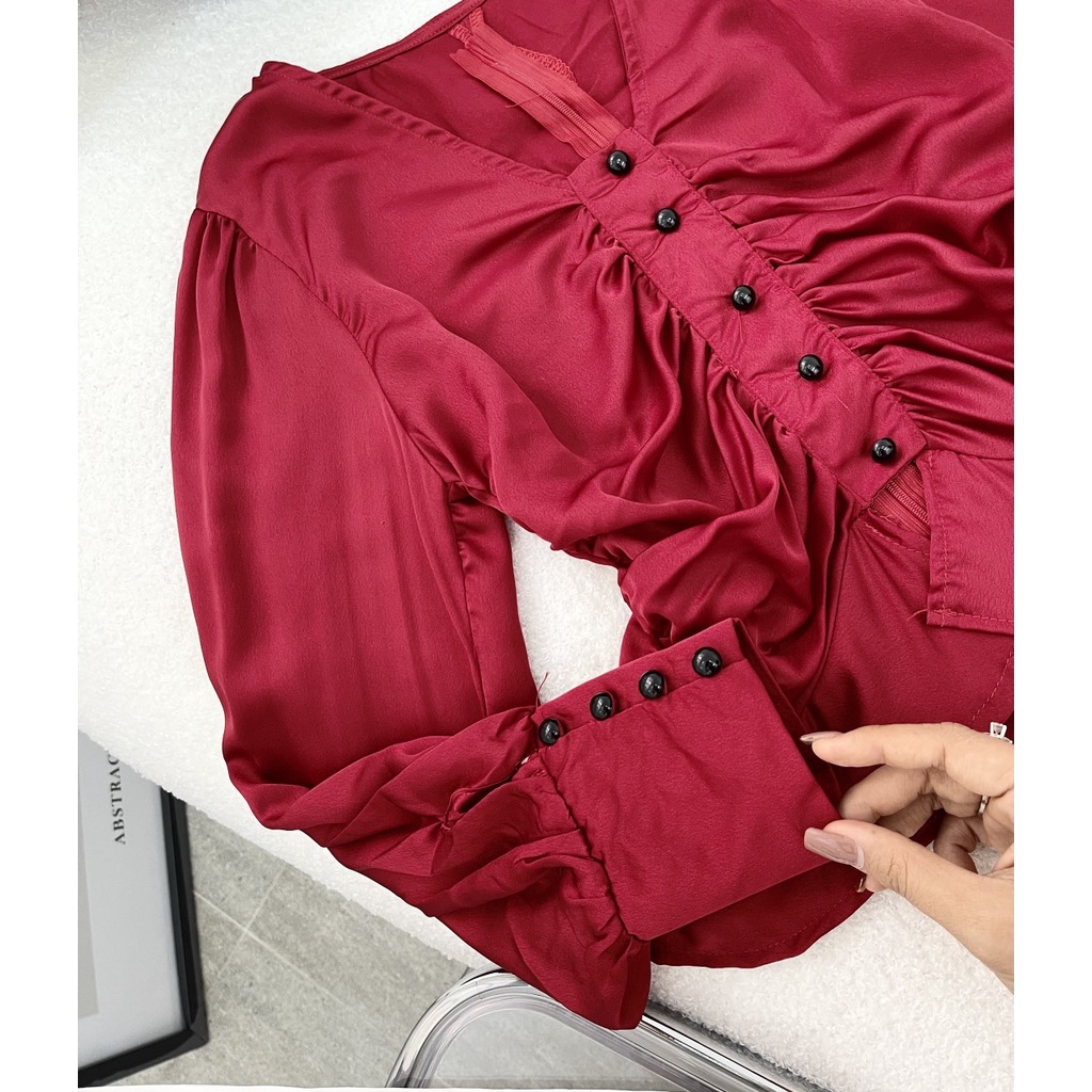 Áo peplum nữ, áo nữ kiểu tay dài cổ v nhíu ngực cực kỳ cá tính phối cúc xòe nhẹ cực xinh hàng cao cấp Diểm Shop | BigBuy360 - bigbuy360.vn