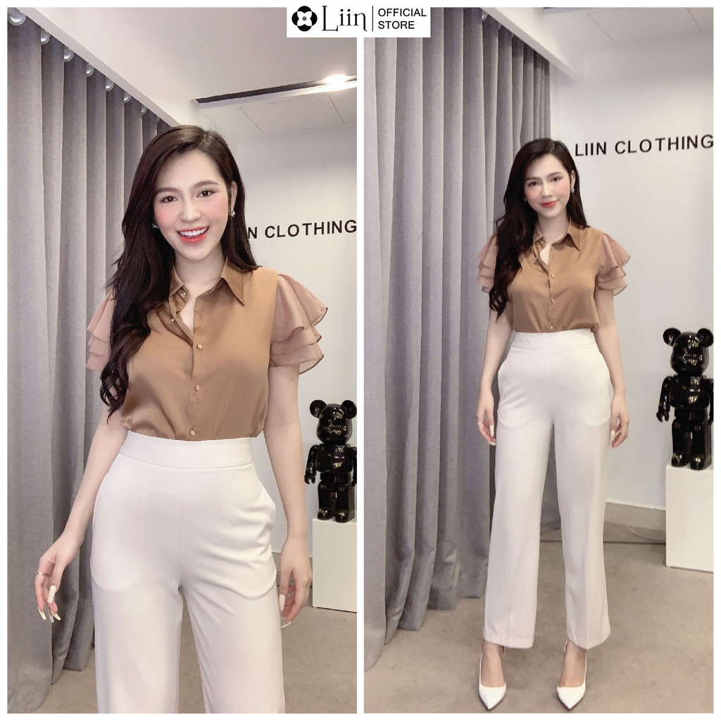 Áo sơ mi chất vải lụa cao cấp màu nâu cách điệu tay bèo mặc tôn da, dễ phối đồ Liin Clothing SM4351