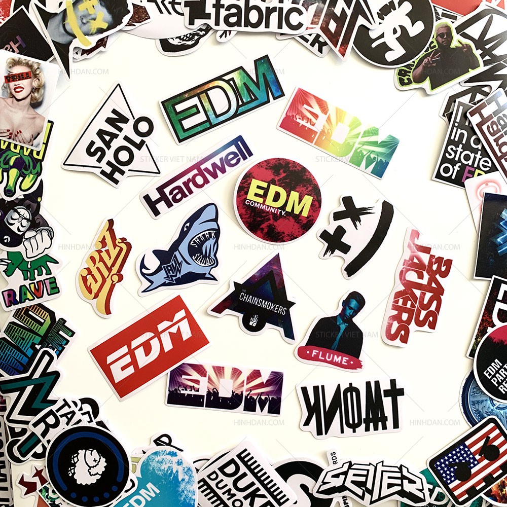 Sticker EDM nhạc điện tử hình dán chống nước trang trí xe, laptop, nón bảo hiểm, tem dán đàn guitar, xe cub