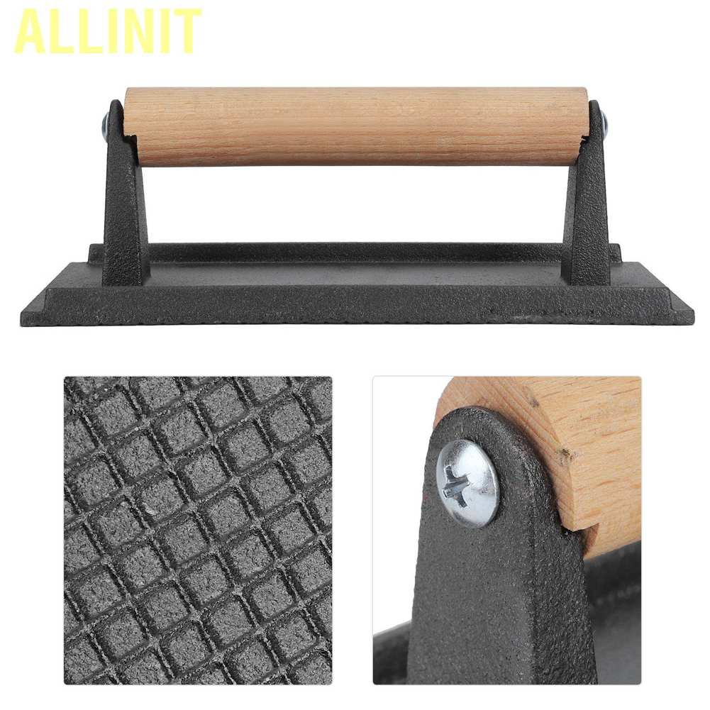 Allinit Cast Iron Grill Press Steak Bacon Weight Barbecue Griddle with Wood Handle