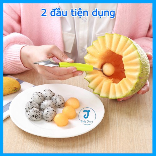 Dao tỉa hoa quả trái cây 2 đầu múc kem dễ dàng có tay cầm 2 đầu bằng inox cao cấp không gỉ màu vàng xanh