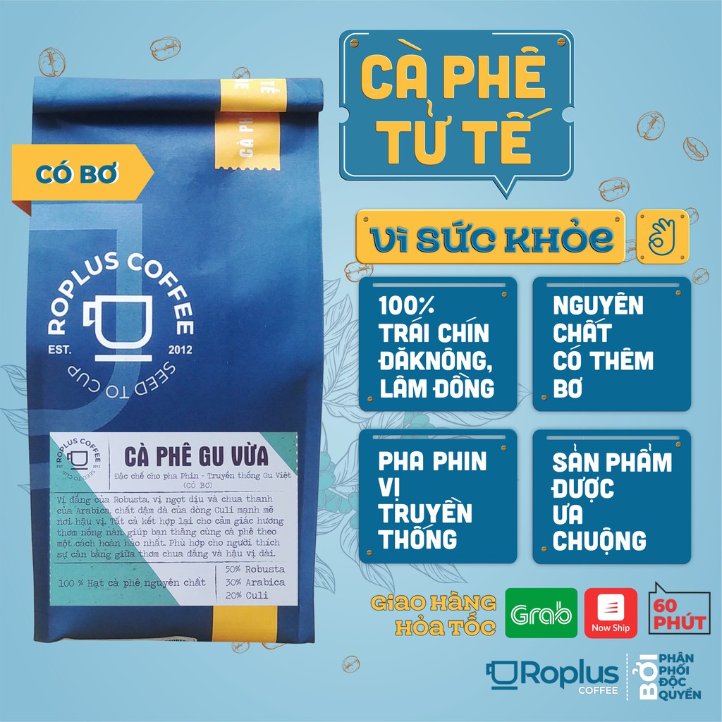 [Mã 267FMCGSALE giảm 8% đơn 500K] Cà phê Gu Vừa nguyên chất có thêm bơ pha phin thơm ngon gói 250g,500g từ ROPLUS COFFEE