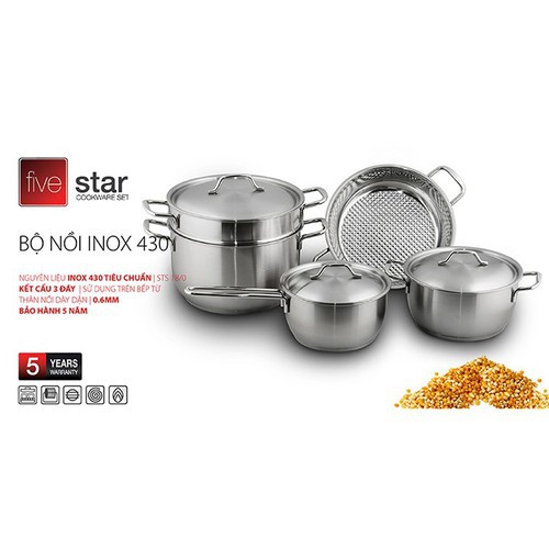 Bộ Nồi Từ 3 Đáy Inox 430 Fivestar Standard 5 chiếc nắp inox FS08C, tặng 2 vá canh