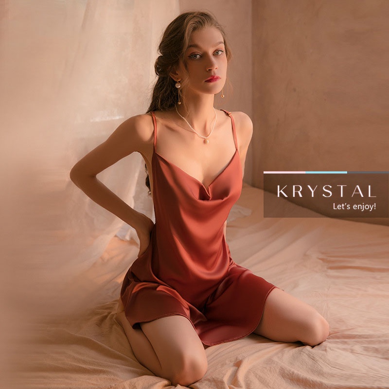 Váy lụa satin lưng dây phối ren KRYSTAL NKS004