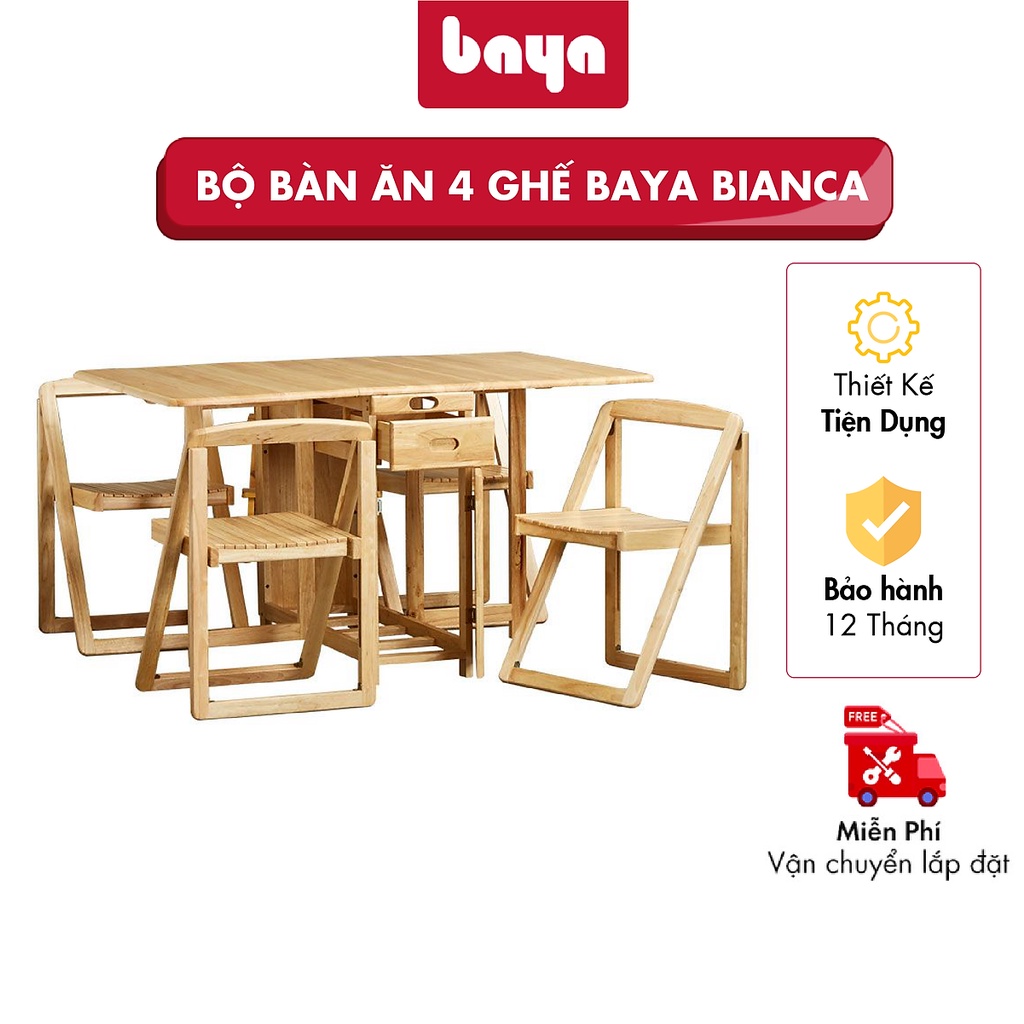Bộ Bàn Ăn 4 Ghế BAYA BIANCA Có Thể Xếp Gọn, Màu Sắc Tươi Sáng Gỗ Cao Su Tự Nhiên 1099225