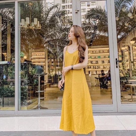 Váy maxi đi biển dây đan lưng chất đũi freesize dạo phố - Đầm maxi hai dây from rộng hai màu đen vàng