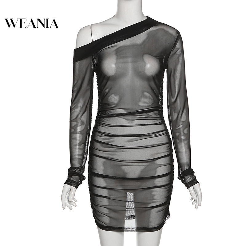 Đầm Trễ Vai Phối Lưới Xuyên Thấu Phong Cách Quyến Rũ