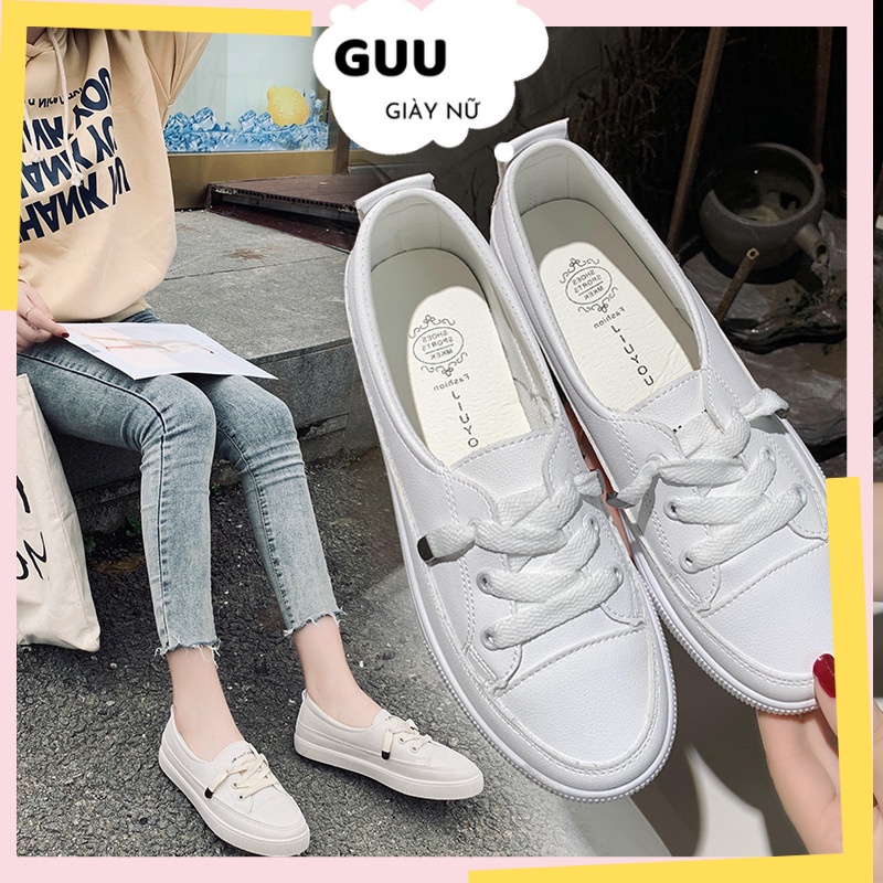 Giày lười nữ trắng đế bệt dây rút cao cấp, giày slip on nữ G9312