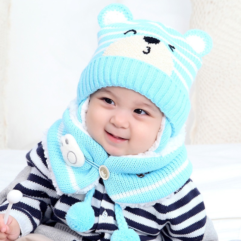 Set 2 Mũ Dệt Kim Mềm Giữ Ấm Mùa Thu Đông In Họa Tiết Gấu Dễ Thương Cho Bé Trai + Gái