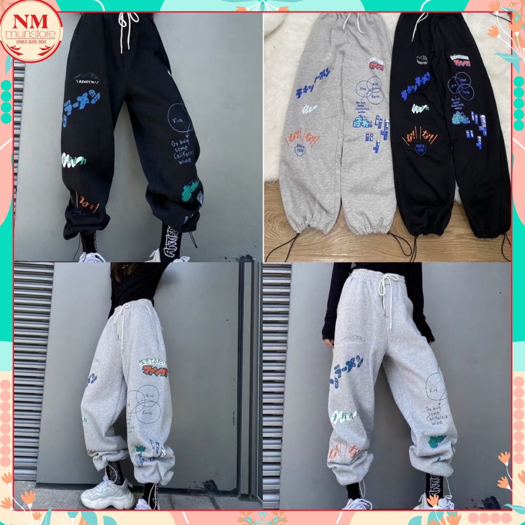 Quần nỉ hình Xưởng May Nhật Minh Quần thu đông ống rộng lót nỉ, chốt ống, in sắc nét, 2 màu Đen Xám