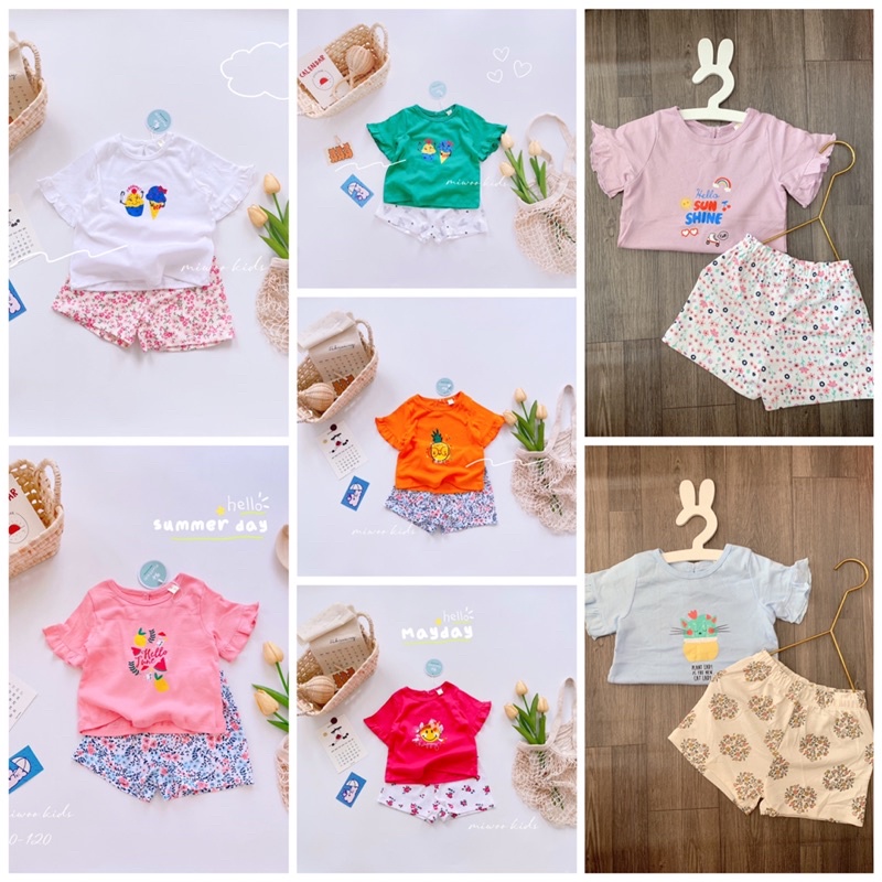 TN29 lô4  bộ bé gái Miwookid cotton hàn áo bèo tay in hình kem trái cây dễ thương cho trẻ từ 8kg đến 18kg