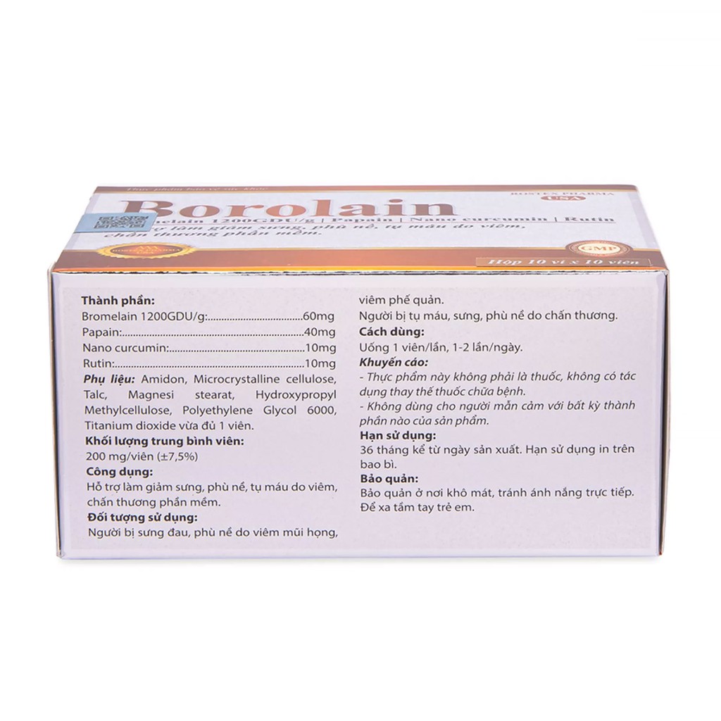 Viên uống Borolain giảm sưng đau phù nề, tụ máu - Hộp 100 viên