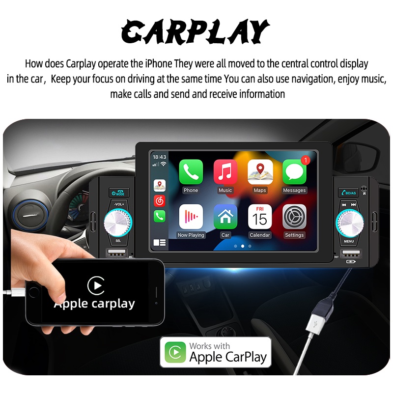 Máy Phát MP5 5 Inch CarPlay 1 Din Bluetooth 5.1 Cho Điện Thoại Di Động