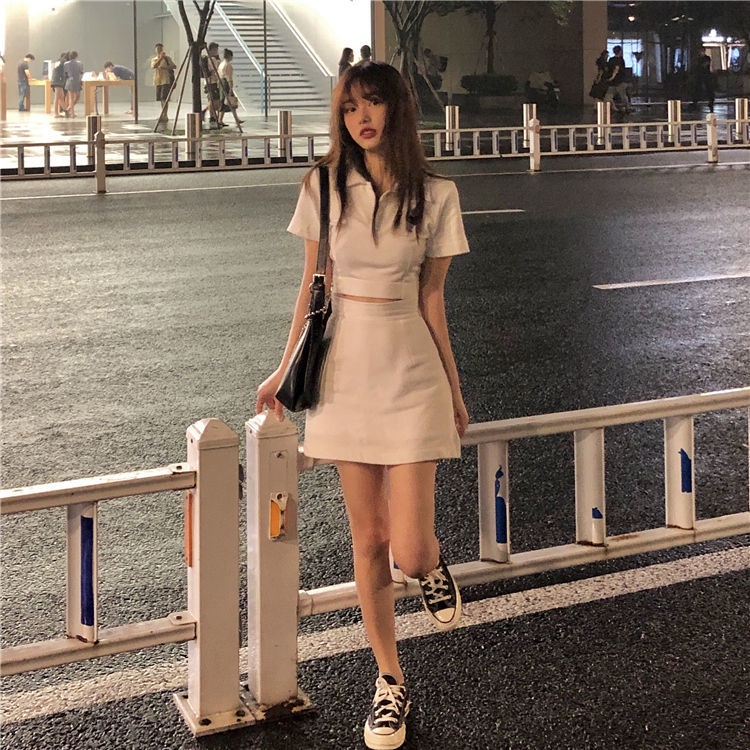 Bộ Áo Thun Ngắn Tay + Chân Váy Lưng Cao Thời Trang Mùa Hè Dành Cho Nữ