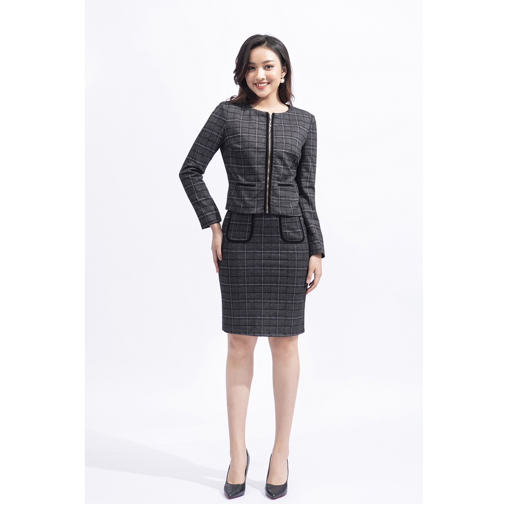 Bộ Vest Kẻ Nữ Công Sở Kéo Khóa Luperi cổ tròn chân bút chì tôn dáng eo thon LFBV670