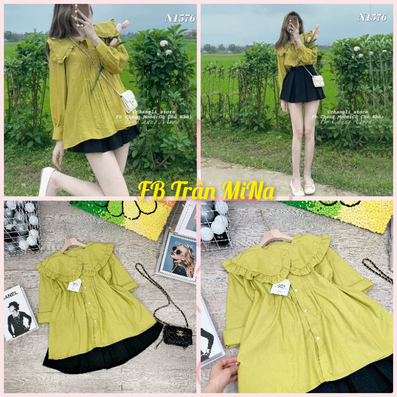 SET ÁO SƠ MI CỔ SEN XANH CỐM MIX CHÂN VÁY XOÈ ĐEN