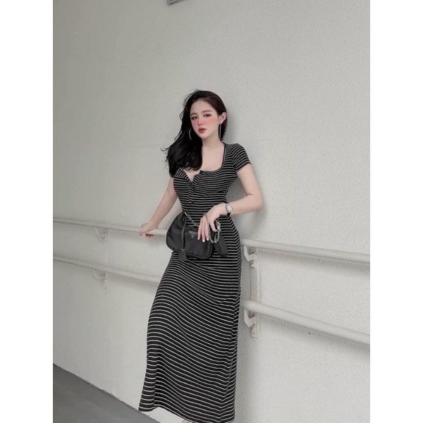Đầm midi ZARA ôm body thun cotton gân tăm tay ngắn cổ U khuy giữa sọc hồng, trắng