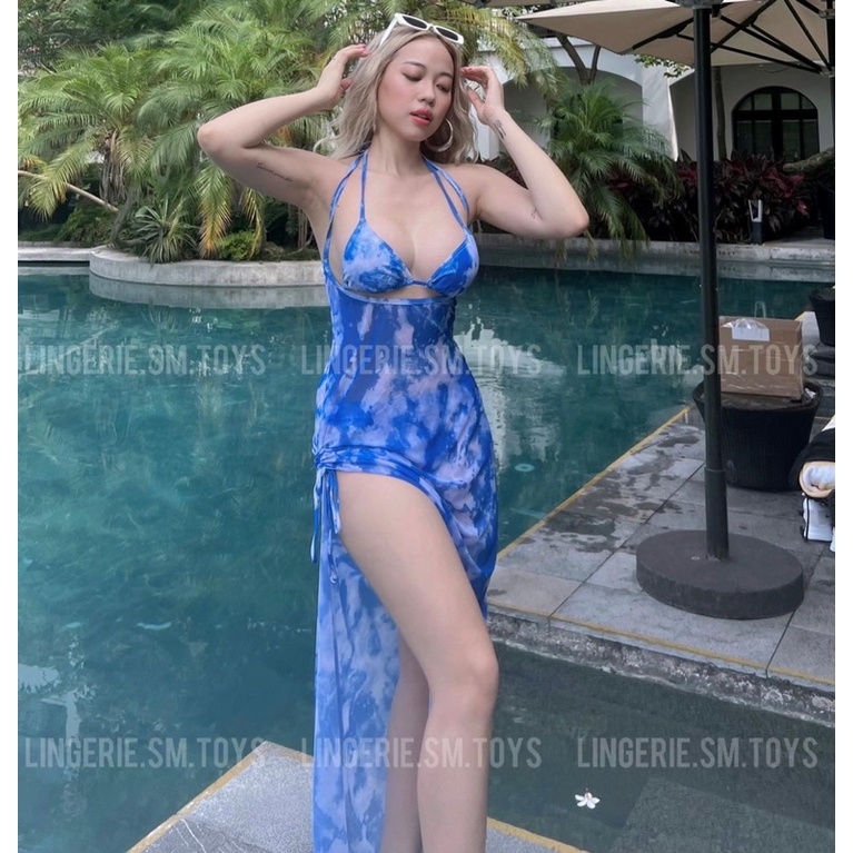 BY020 - Bikini Loang Kèm Váy Voan Dài Xẻ Tà Gợi Cảm Quyến Rũ - Đầm Đi Biển Kết Hợp Đồ Bơi Nữ Sexy