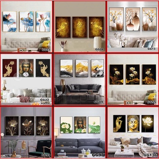 Tranh treo tường canvas 3 bức trang trí phòng thờ, nhà thờ tổ, nhà thờ họ, điện thờ, tranh hoa sen, tượng phật