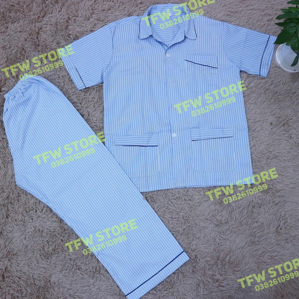 [Ảnh Thật] Bộ pijama nam trung niên vải kate kẻ sọc (pyjama, cộc tay), quần áo mặc nhà, bộ ngủ cho ông, cho bố - Hàng VN