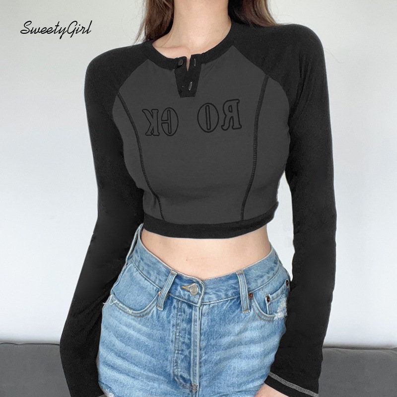 Áo Thun Tay Dài Cổ Tròn In Chữ Phối Màu Tương Phản Thời Trang 2022 Quyến Rũ Cho Nữ