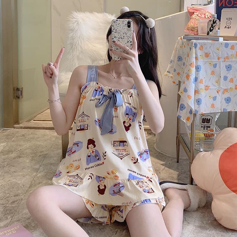 Bộ ngủ cộc 2 dây buộc nơ xinh xinh(kèm ảnh thật,video) | BigBuy360 - bigbuy360.vn