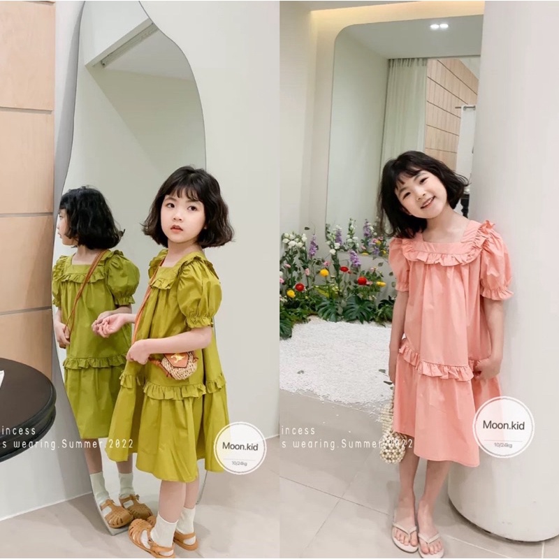Váy đầm chun bèo cổ vuông cho bé gái