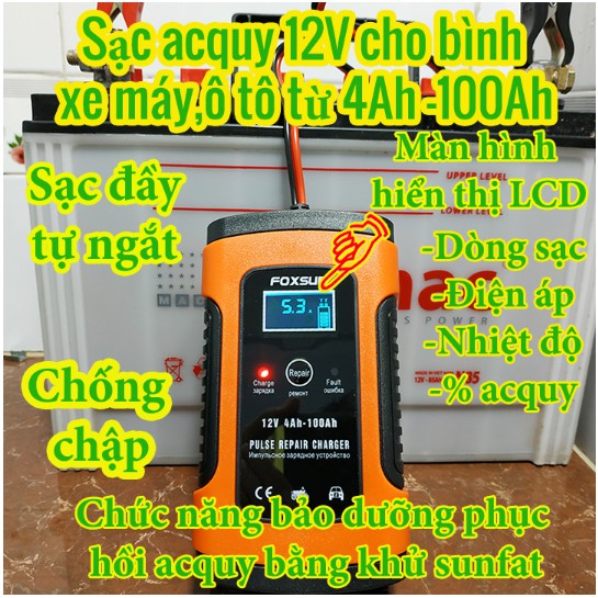 Sạc bình acquy 12V  3Ah-100Ah FOXSUR tự ngắt khi đầy chức năng bảo dưỡng phục hồi ắc quy bằng khử sunfat chống ngược cực