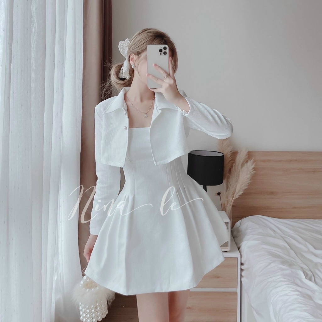 Set bộ đồ nữ aó khoác tay dài phối cùng váy dáng xòe hai dây xếp ly hông thời thượng