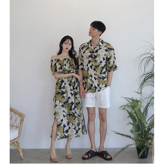 Set áo váy đôi sơ mi nam nữ màu vàng đi biển họa tiết hoa lá