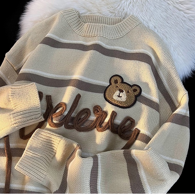 ZHELIHANGFEI Áo Sweater Tay Dài Cổ Tròn Kẻ Sọc Dễ Thương Xinh Xắn