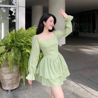 Đầm hoa nhí 2 tầng tay phồng zareen dax48 xanh