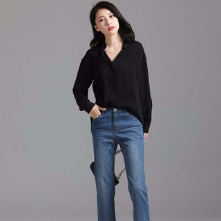 Áo sơ mi dáng rộng cổ V cho nữ