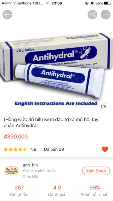 (Bill Đức) Kem bôi ngăn ngừa mồ hôi tay chân nách ANTIHYDRAL, hàng nội địa Đức, Shop Bé Hin