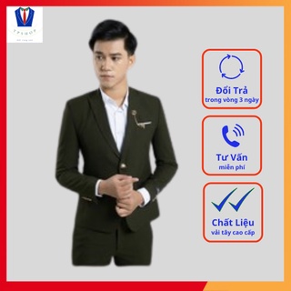 Áo Vest nam xanh rêu V014  form hàn 1 khuy full size