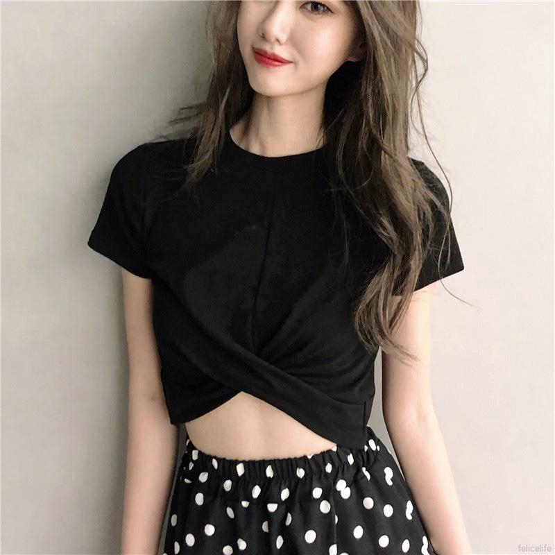 Áo Croptop tay ngắn cổ tròn thiết kế màu trơn thanh lịch