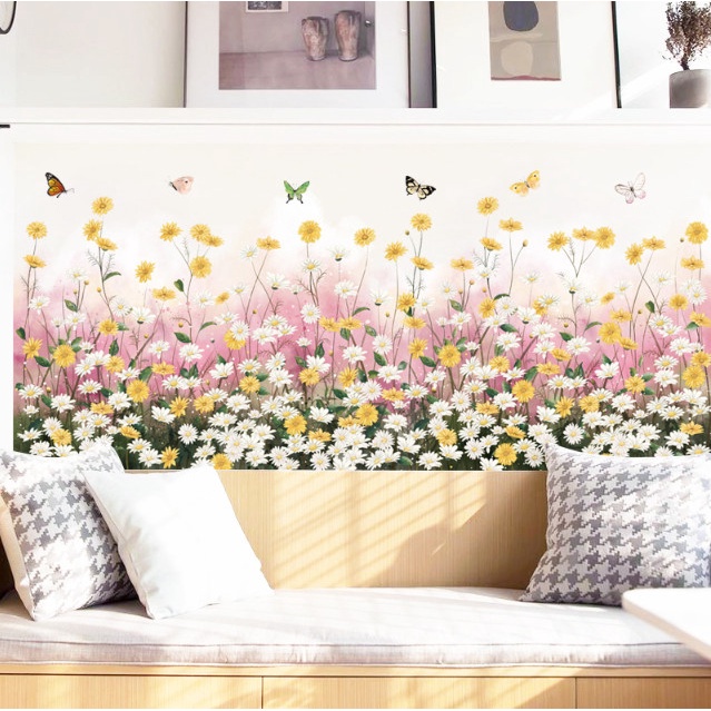 Decal trang trí tường - Chân tường hoa cúc trắng và hoa cúc vàng
