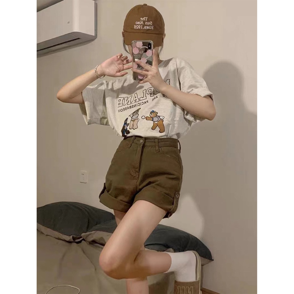 Quần Short denim Lưng Cao Ống Rộng Màu Nâu Phong Cách Mỹ Cổ Điển Thời Trang Mùa Hè 2022 Cho Nữ