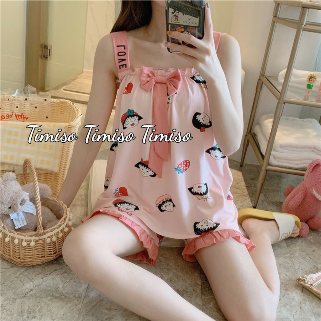 Bộ đồ bầu ngủ 2 dây họa tiết hình thú xinh xắn, có thắt nơ dễ thương ĐN2D 01