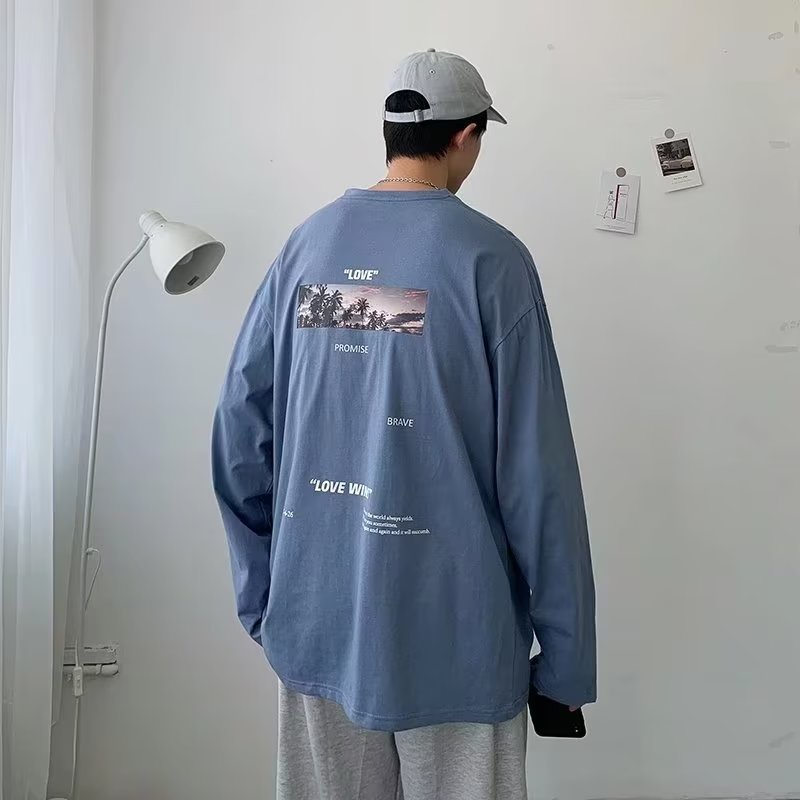 Áo Thun Tay Dài Cổ Tròn Dáng Rộng In Chữ Phong Cách Hip Hop Hàn Quốc Thời Trang Cho Nam Size M-5XL