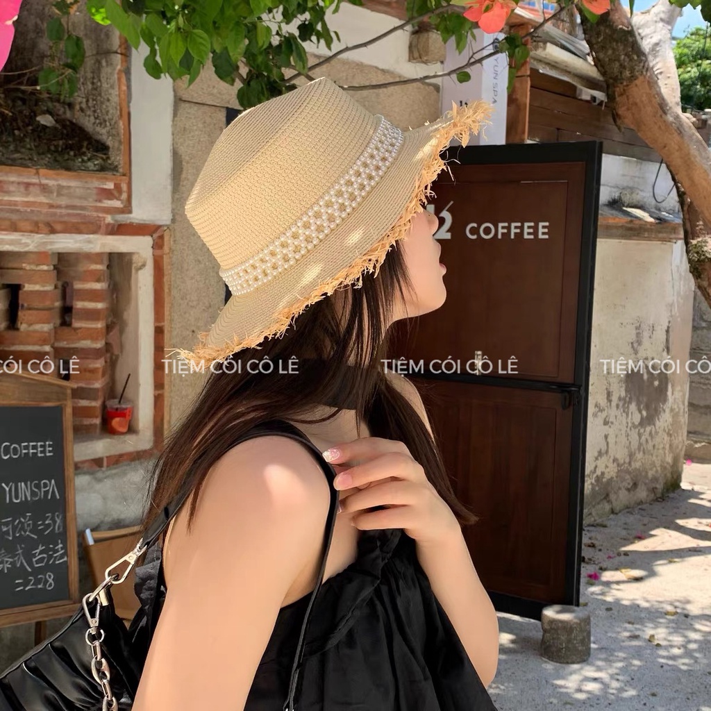 Nón cói panama đai ngọc viền tua rua thời trang đi biển cao cấp - Tiệm Cói Cô Lê