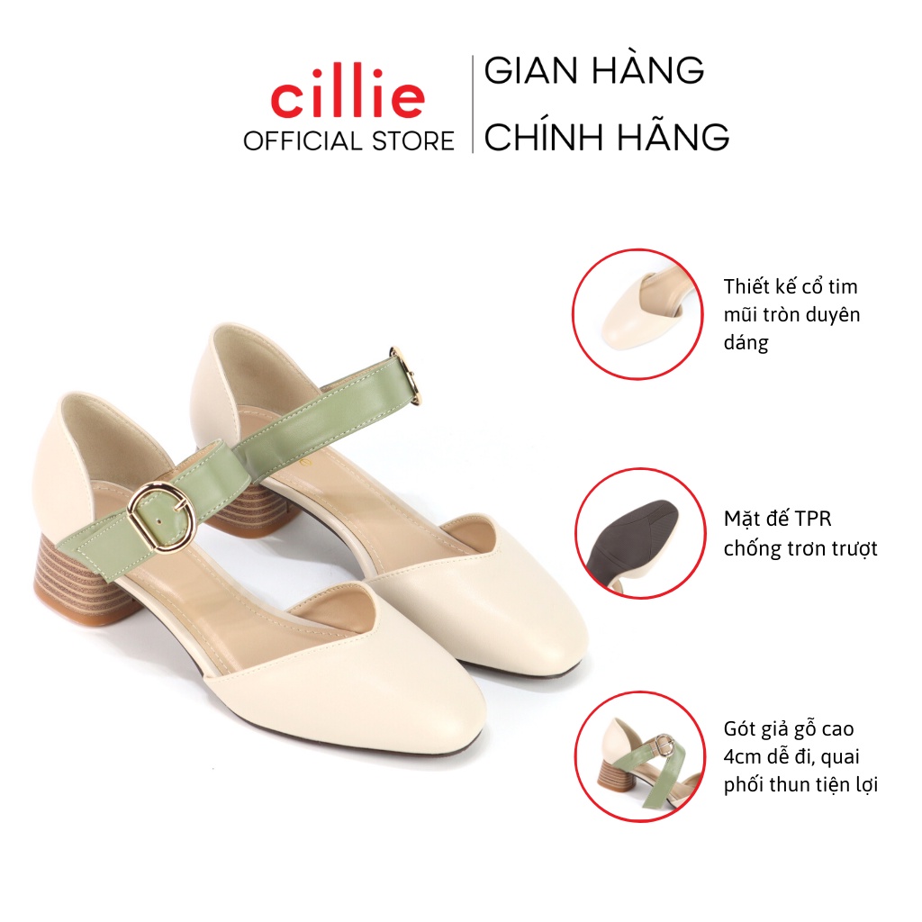 Giày sandal cao gót mũi tròn quai ngang phối màu cơ bản bắt mắt gót trụ cao 4cm đi học đi làm Cillie1133